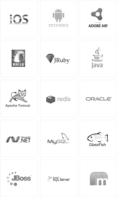 Hundredwatt Technologies logos, including iOS, android, adobe air, ruby on rails, jruby, java, apache tomcat, redis, oracle, microsoft.net, mysql, glassfish, jboss, microsoft SQL Server, mongo database